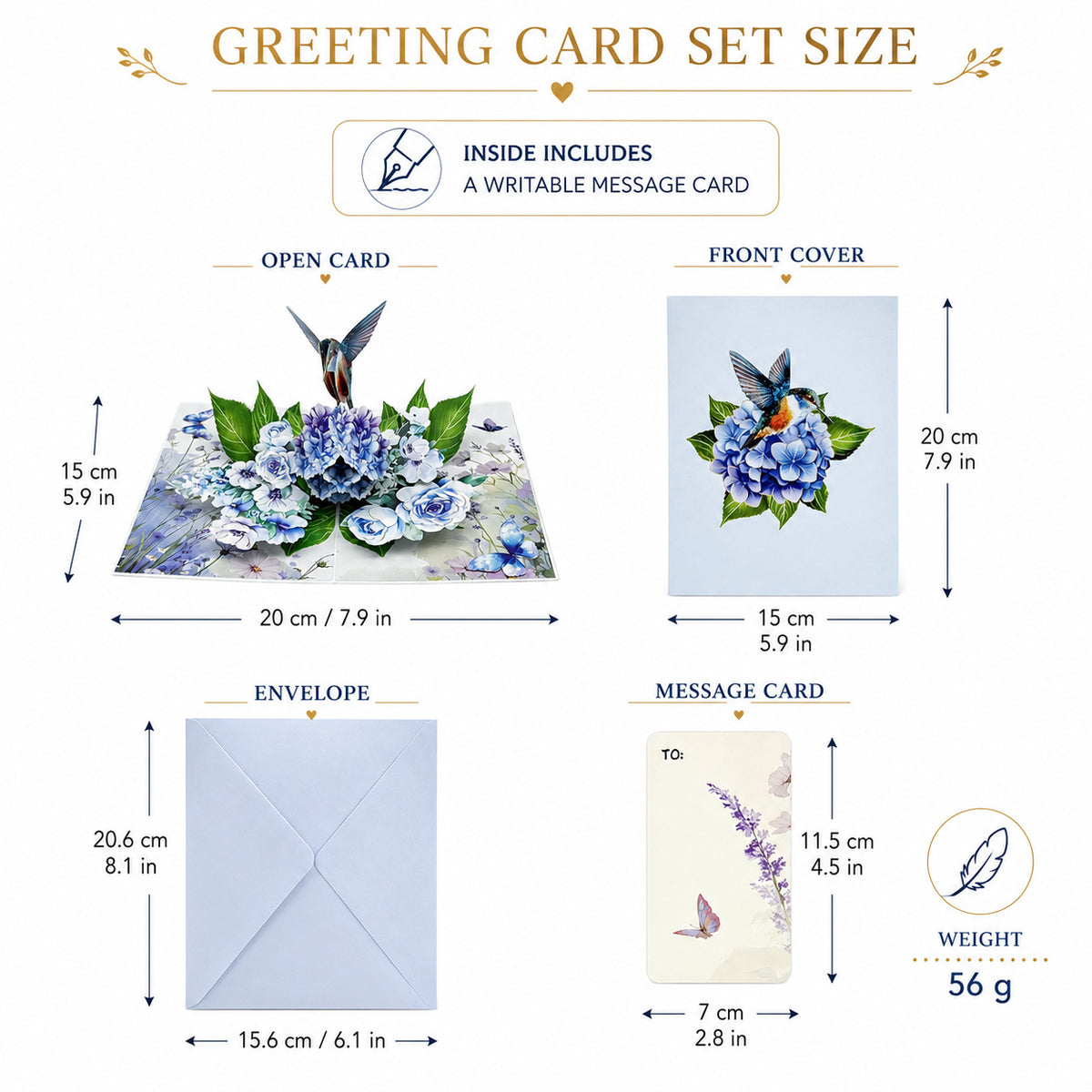 Hummingbird & Blue Hydrangea 3D Pop Up Greeting Card Set with Note Card & Envelope