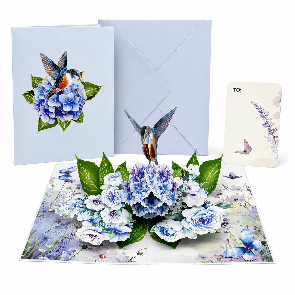 Hummingbird & Blue Hydrangea 3D Pop Up Greeting Card Set with Note Card & Envelope