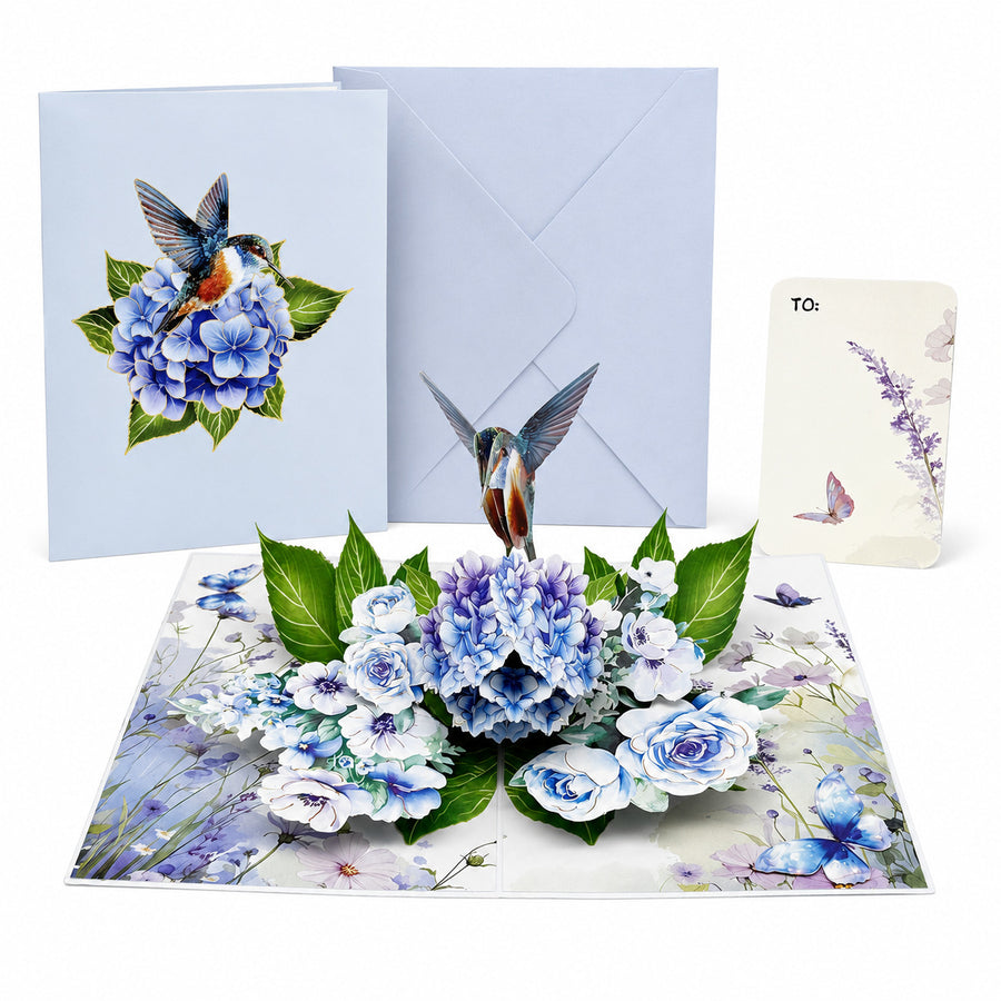 Hummingbird & Blue Hydrangea 3D Pop Up Greeting Card Set with Note Card & Envelope