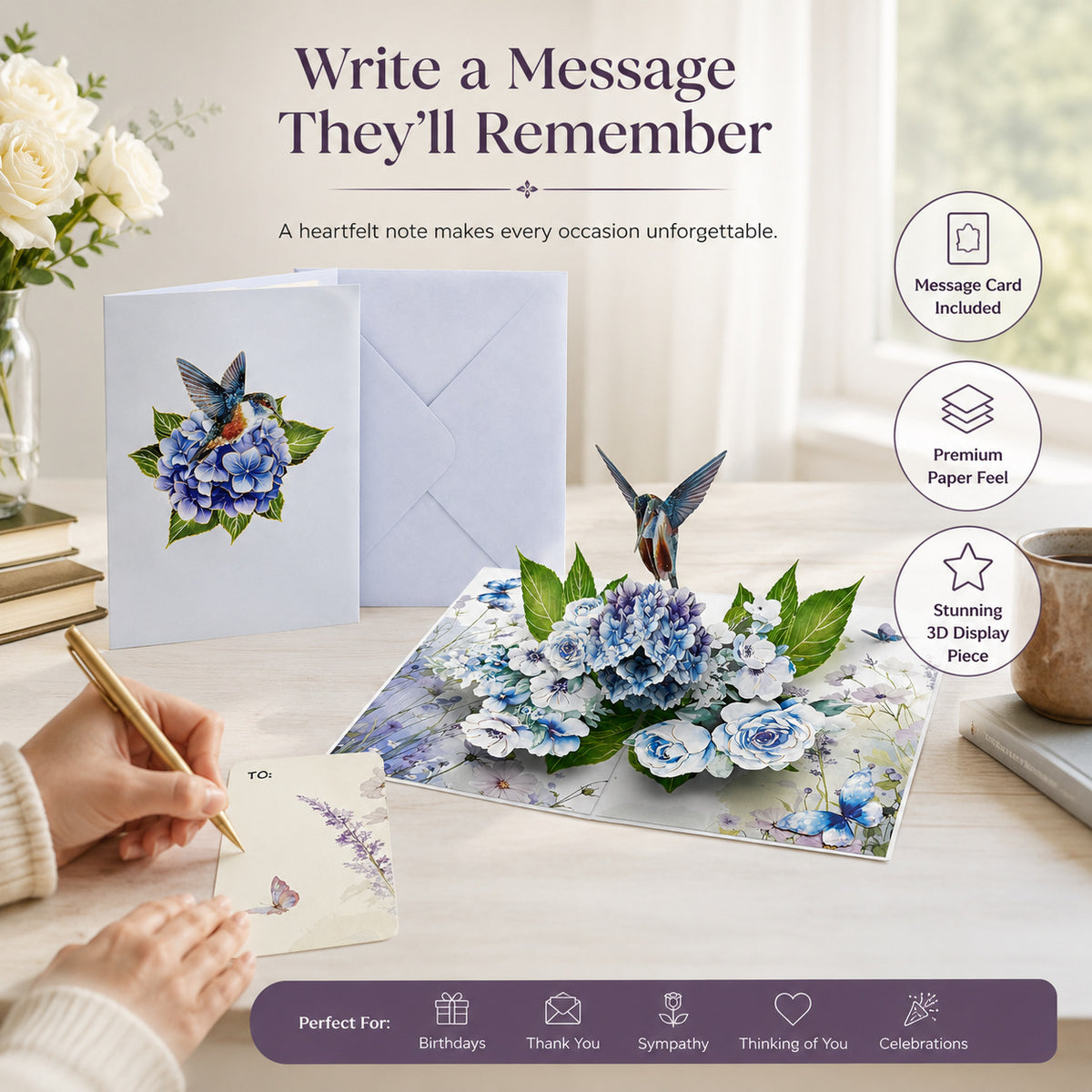Hummingbird & Blue Hydrangea 3D Pop Up Greeting Card Set with Note Card & Envelope