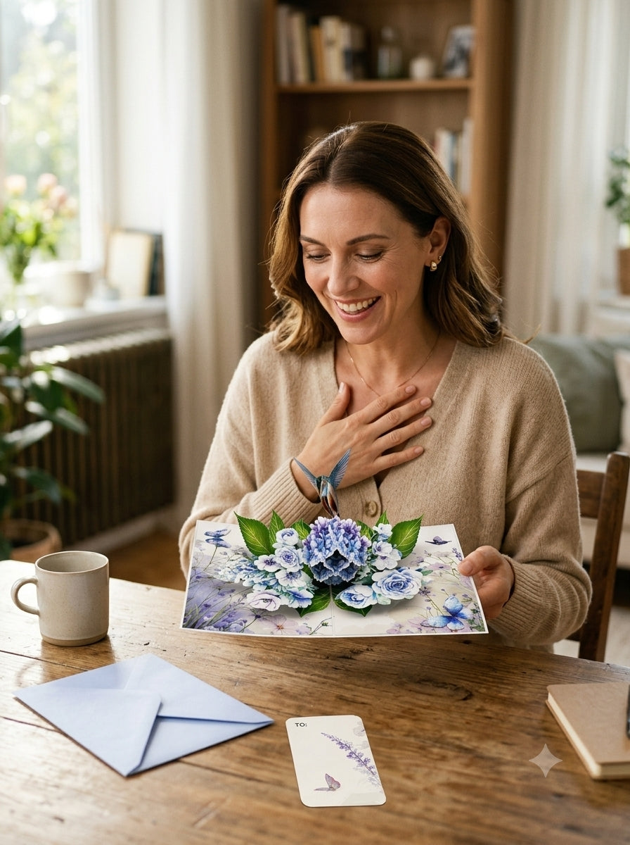 Hummingbird & Blue Hydrangea 3D Pop Up Greeting Card Set with Note Card & Envelope