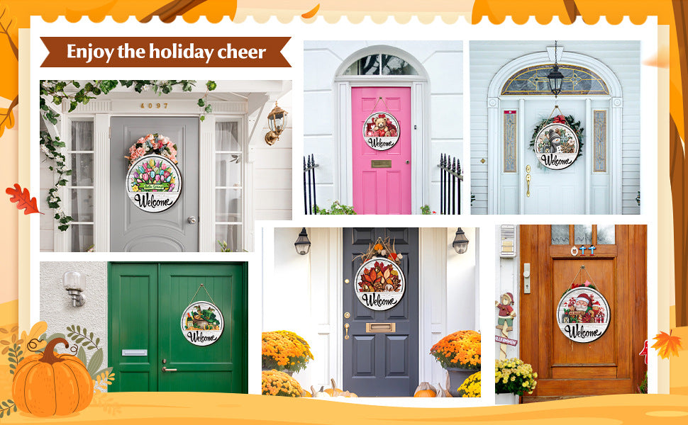 17-Piece Magnetic Wood Welcome Sign Set, Interchangeable Icons Round Hanging Sign Gift