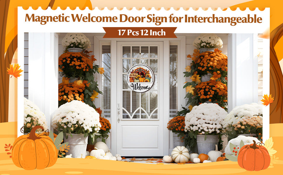 17-Piece Magnetic Wood Welcome Sign Set, Interchangeable Icons Round Hanging Sign Gift