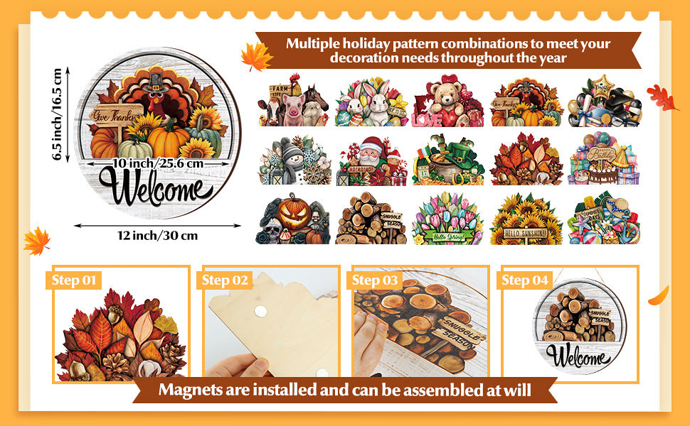 17-Piece Magnetic Wood Welcome Sign Set, Interchangeable Icons Round Hanging Sign Gift