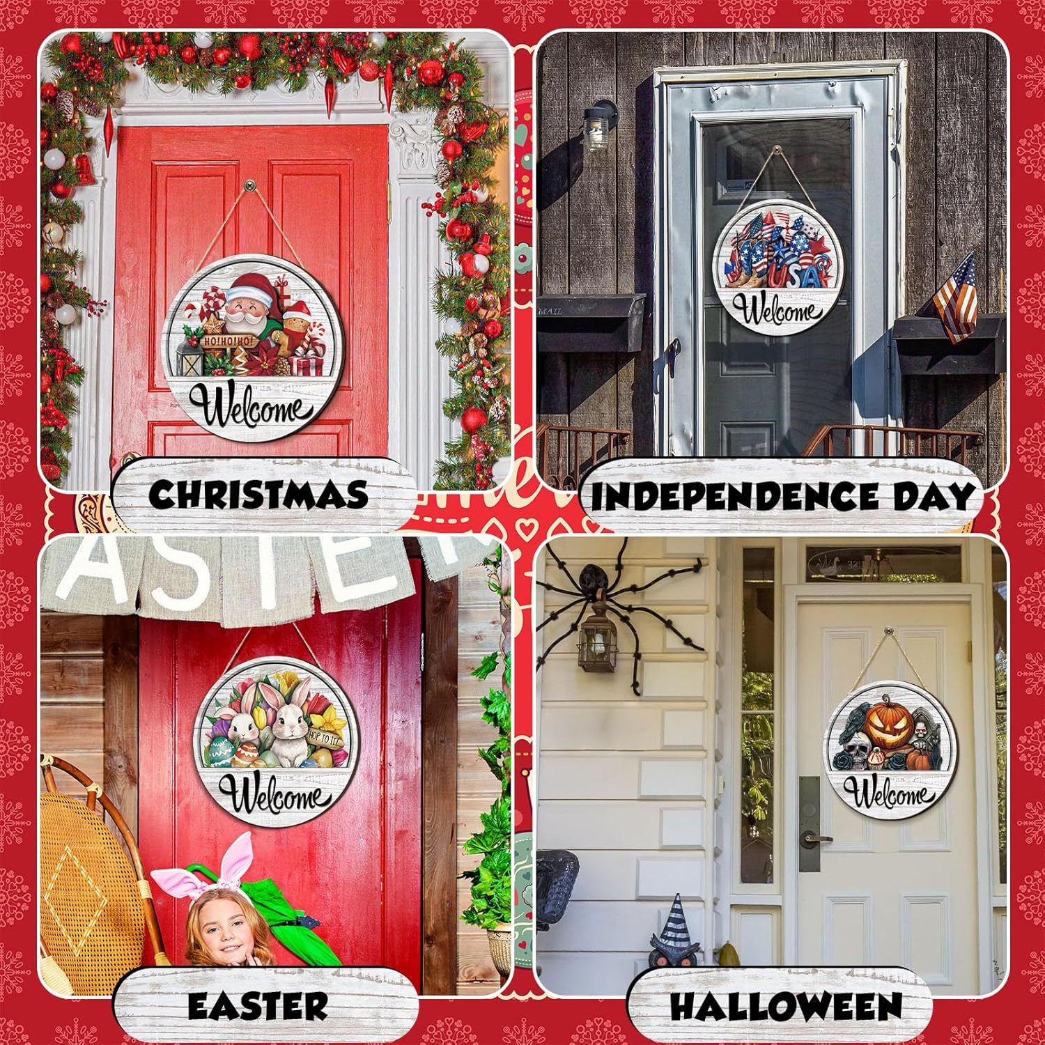 17-Piece Magnetic Wood Welcome Sign Set, Interchangeable Icons Round Hanging Sign Gift