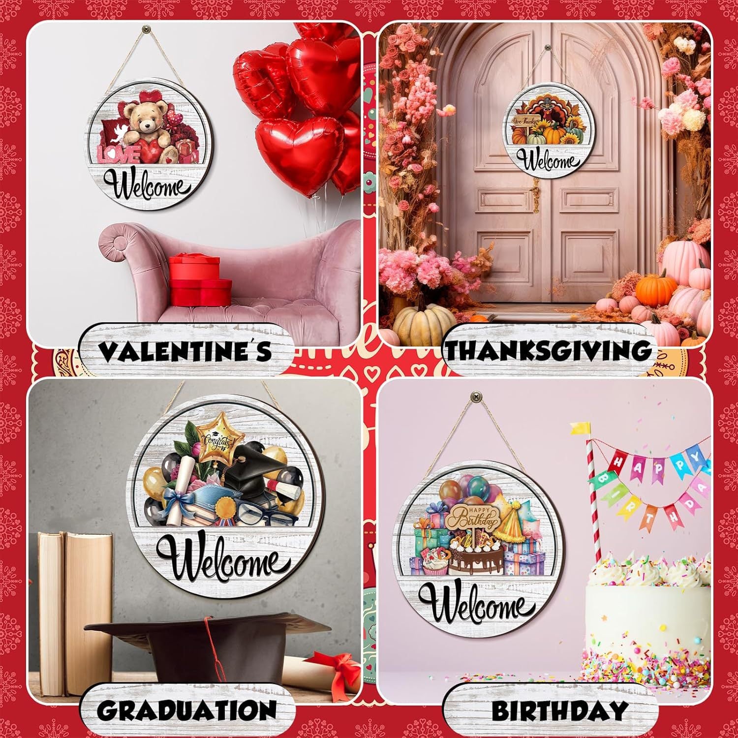 17-Piece Magnetic Wood Welcome Sign Set, Interchangeable Icons Round Hanging Sign Gift