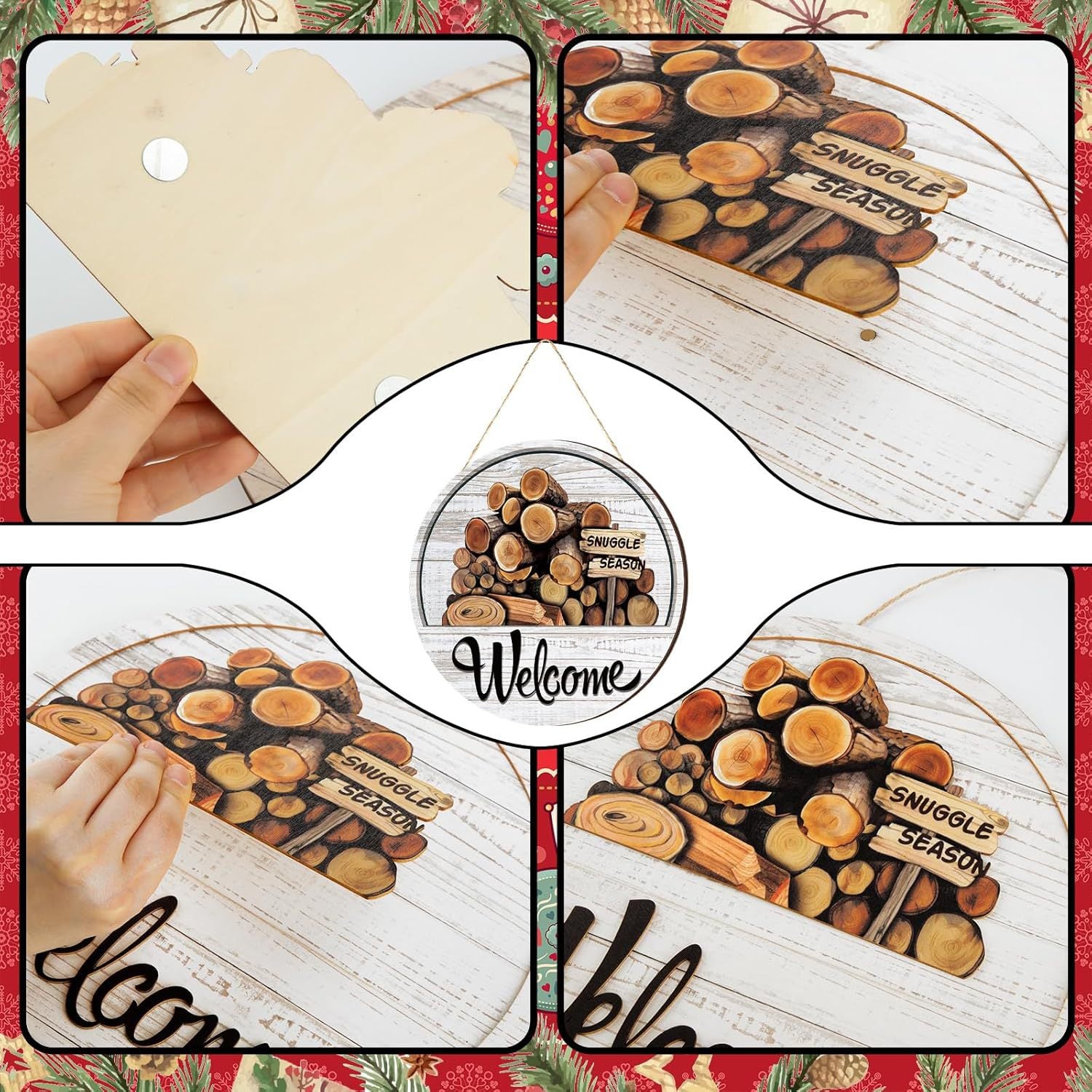17-Piece Magnetic Wood Welcome Sign Set, Interchangeable Icons Round Hanging Sign Gift