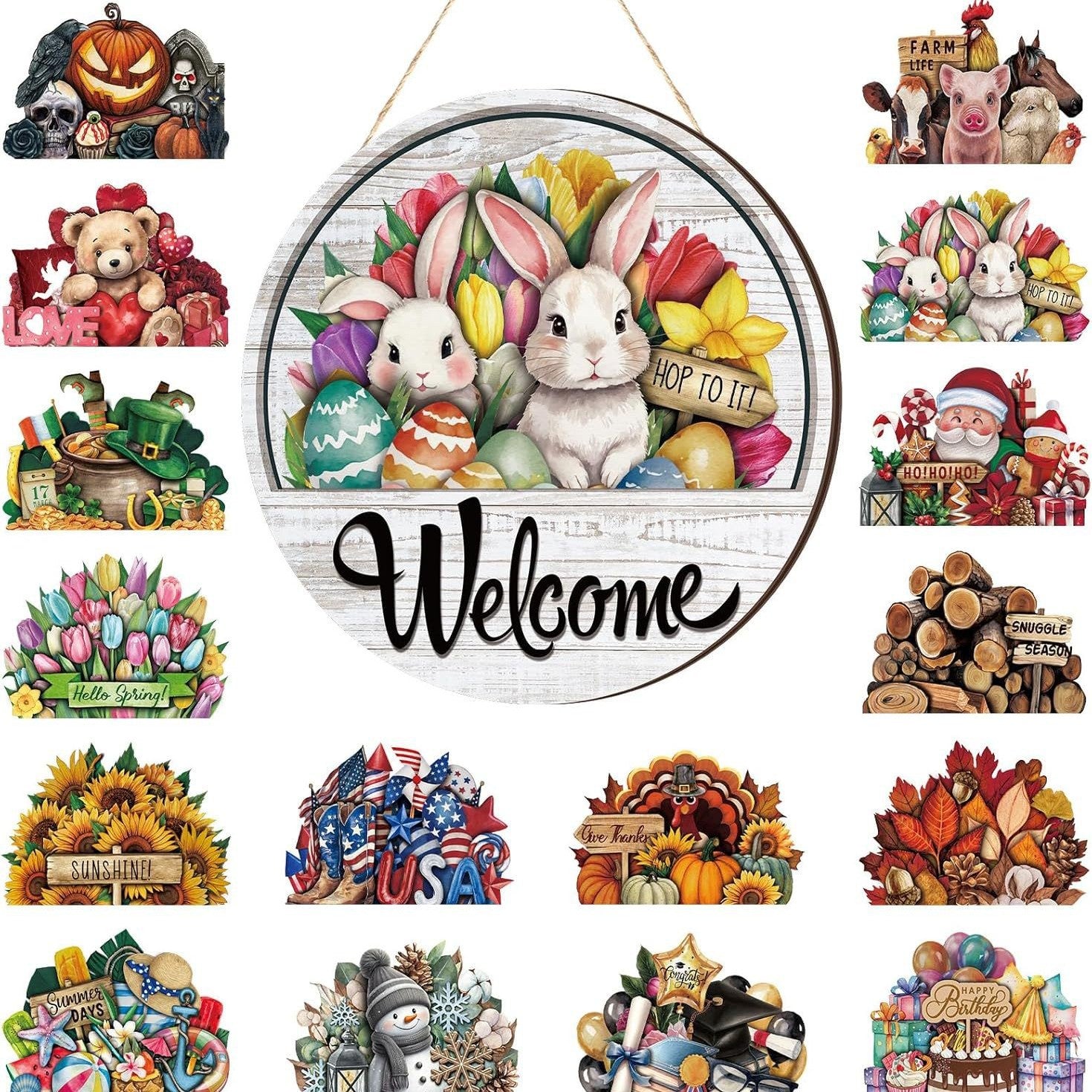17-Piece Magnetic Wood Welcome Sign Set, Interchangeable Icons Round Hanging Sign Gift