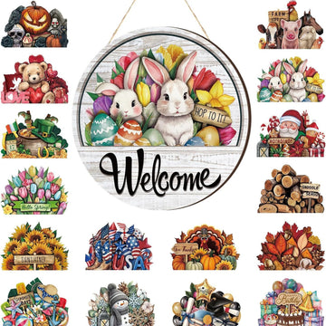 17-Piece Magnetic Wood Welcome Sign Set, Interchangeable Icons Round Hanging Sign Gift
