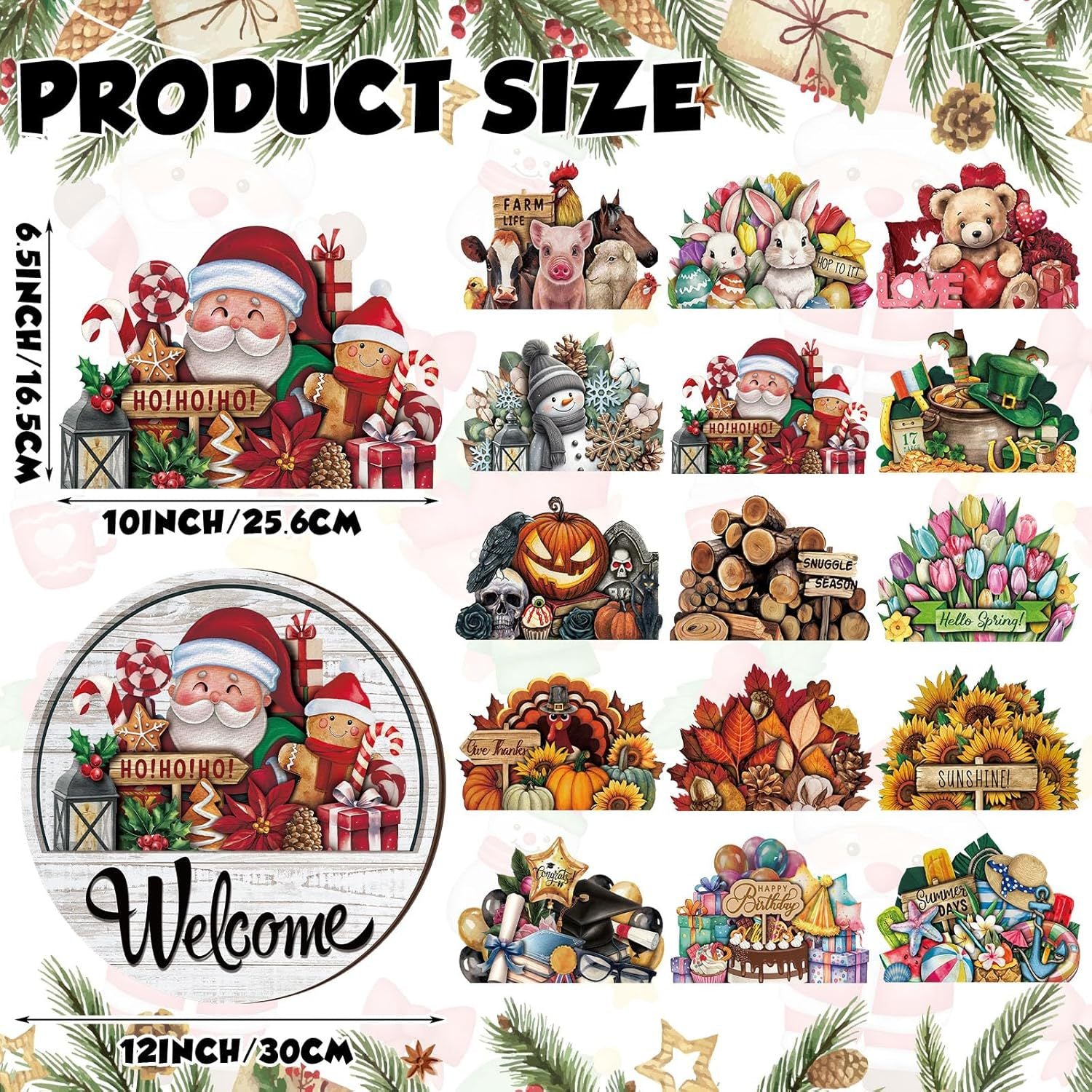 17-Piece Magnetic Wood Welcome Sign Set, Interchangeable Icons Round Hanging Sign Gift