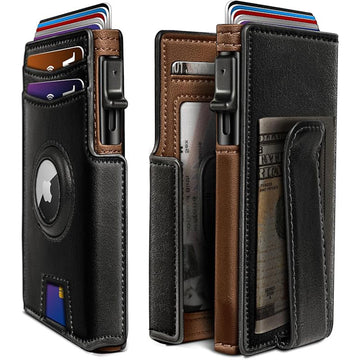 Leather Airtag Wallet for Men with Money Clip 10 Cards Metal Case Smart Slim Pop Up Credit Card Holder Flip with Magnetic Closure RFID Blocking Wallet, Gifts for Men