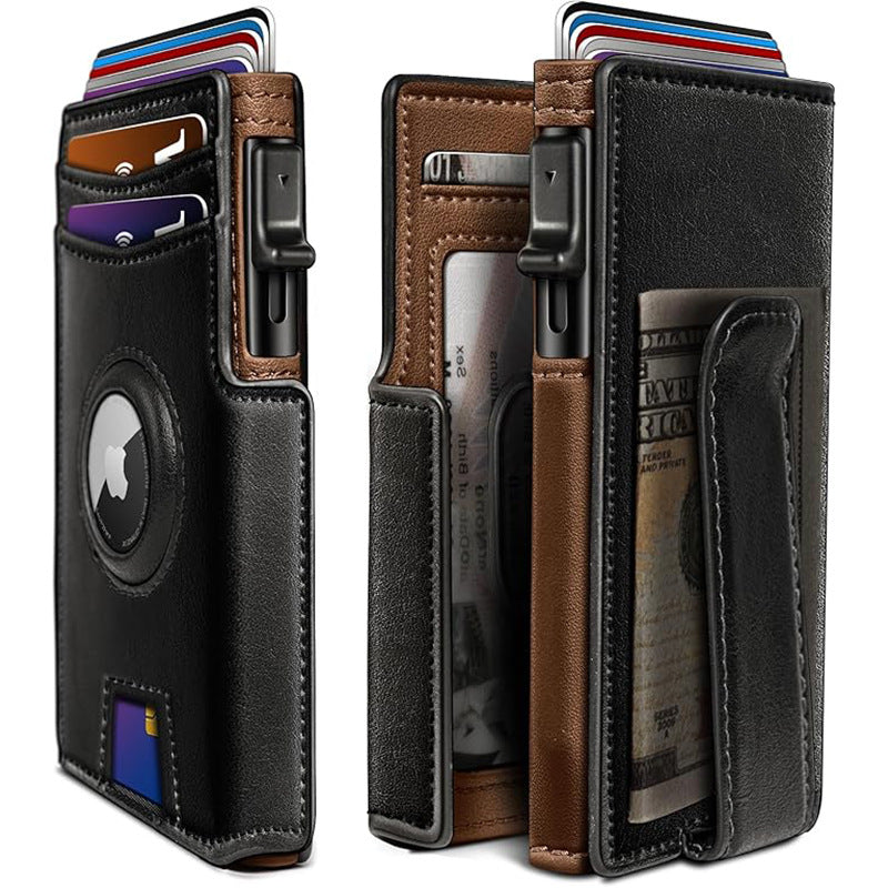Leather Airtag Wallet for Men with Money Clip 10 Cards Metal Case Smart Slim Pop Up Credit Card Holder Flip with Magnetic Closure RFID Blocking Wallet, Gifts for Men