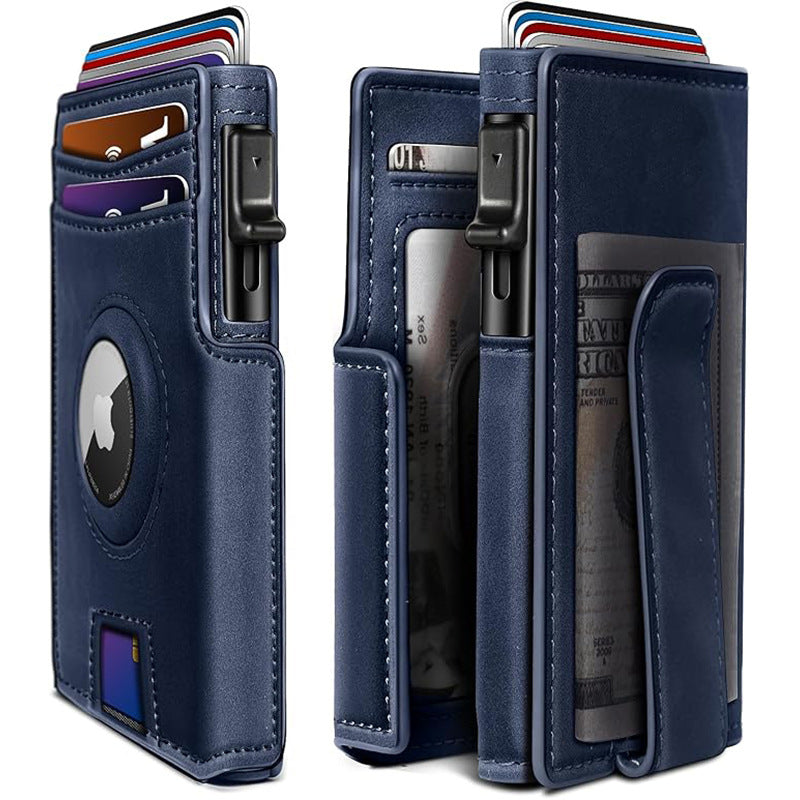 Leather Airtag Wallet for Men with Money Clip 10 Cards Metal Case Smart Slim Pop Up Credit Card Holder Flip with Magnetic Closure RFID Blocking Wallet, Gifts for Men