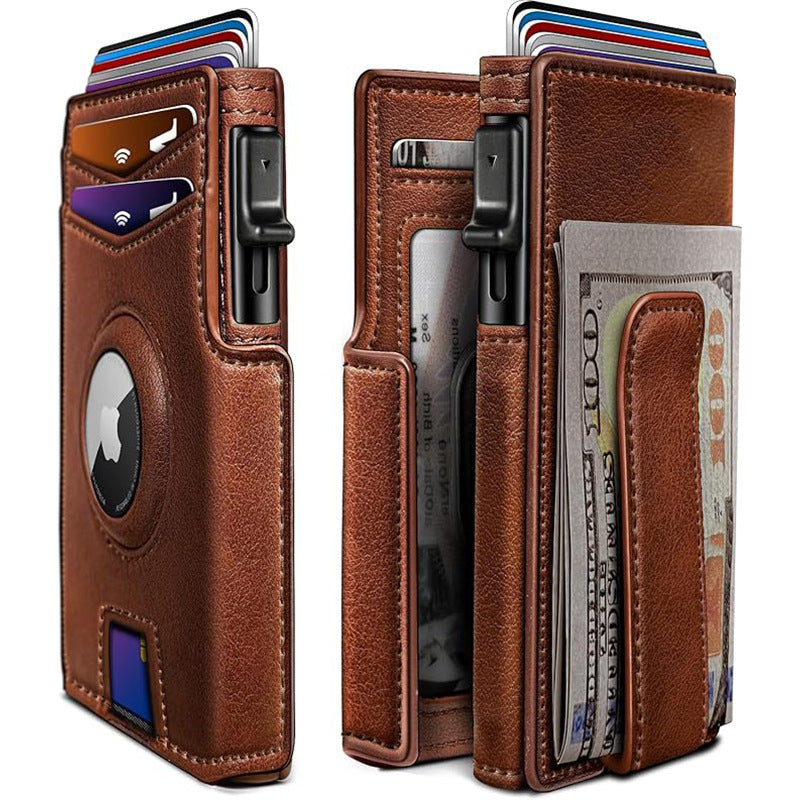 Leather Airtag Wallet for Men with Money Clip 10 Cards Metal Case Smart Slim Pop Up Credit Card Holder Flip with Magnetic Closure RFID Blocking Wallet, Gifts for Men