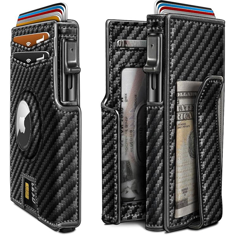 Leather Airtag Wallet for Men with Money Clip 10 Cards Metal Case Smart Slim Pop Up Credit Card Holder Flip with Magnetic Closure RFID Blocking Wallet, Gifts for Men