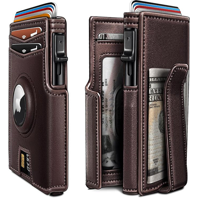 Leather Airtag Wallet for Men with Money Clip 10 Cards Metal Case Smart Slim Pop Up Credit Card Holder Flip with Magnetic Closure RFID Blocking Wallet, Gifts for Men