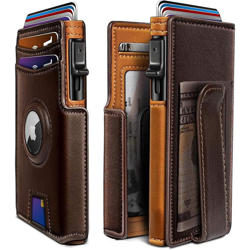 Leather Airtag Wallet for Men with Money Clip 10 Cards Metal Case Smart Slim Pop Up Credit Card Holder Flip with Magnetic Closure RFID Blocking Wallet, Gifts for Men