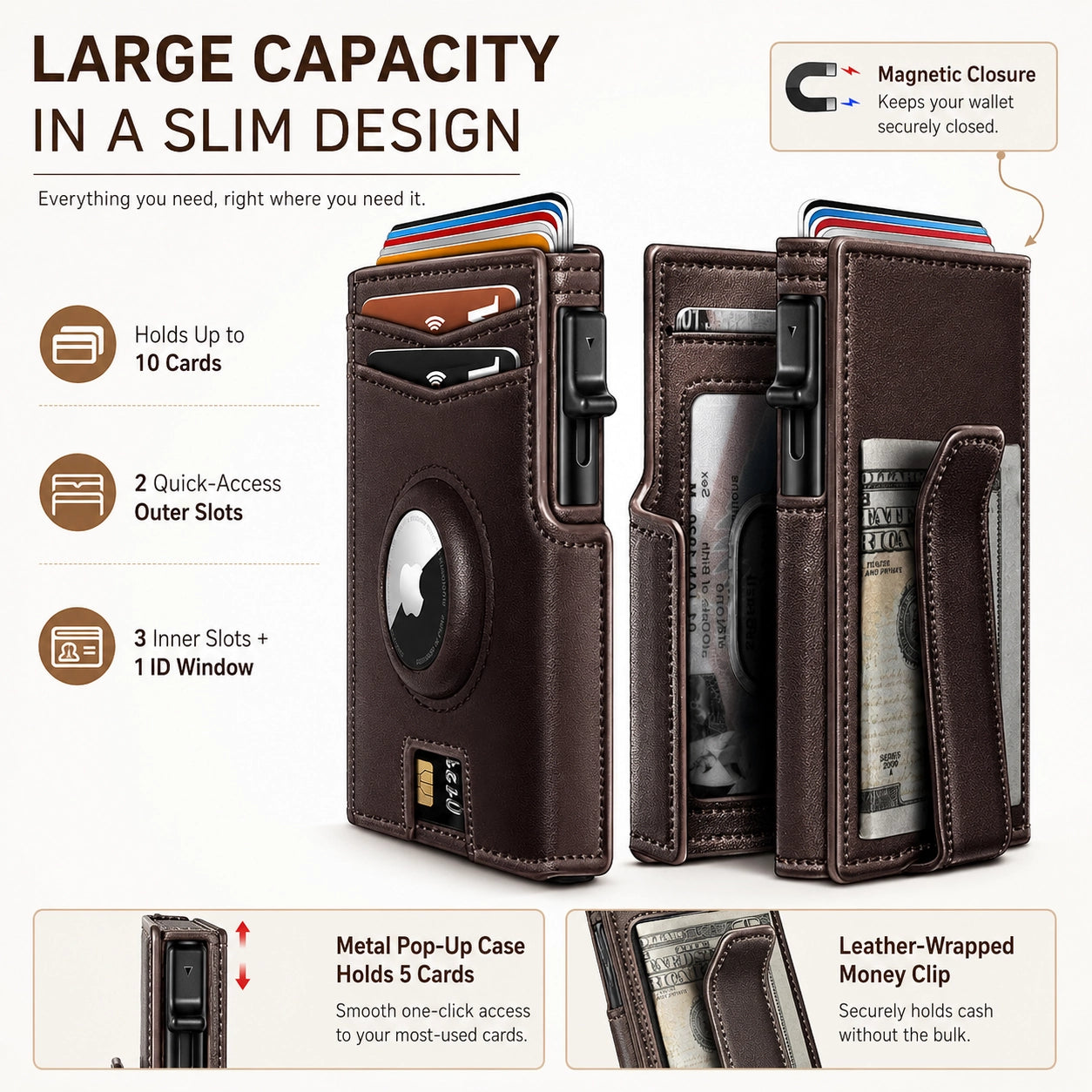 Leather Airtag Wallet for Men with Money Clip 10 Cards Metal Case Smart Slim Pop Up Credit Card Holder Flip with Magnetic Closure RFID Blocking Wallet, Gifts for Men