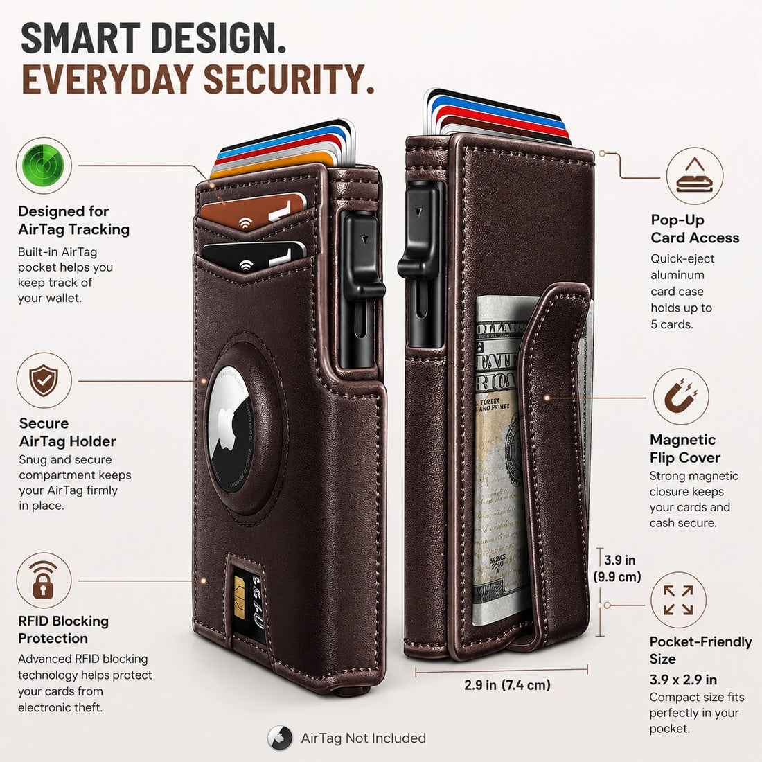 Leather Airtag Wallet for Men with Money Clip 10 Cards Metal Case Smart Slim Pop Up Credit Card Holder Flip with Magnetic Closure RFID Blocking Wallet, Gifts for Men