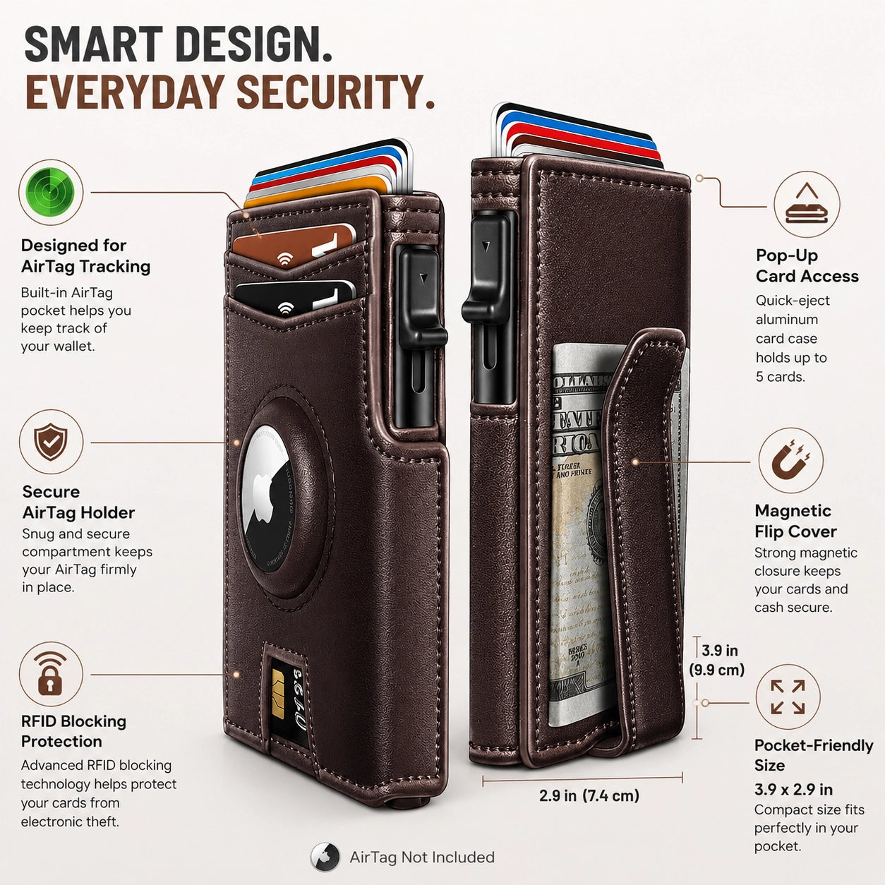Leather Airtag Wallet for Men with Money Clip 10 Cards Metal Case Smart Slim Pop Up Credit Card Holder Flip with Magnetic Closure RFID Blocking Wallet, Gifts for Men