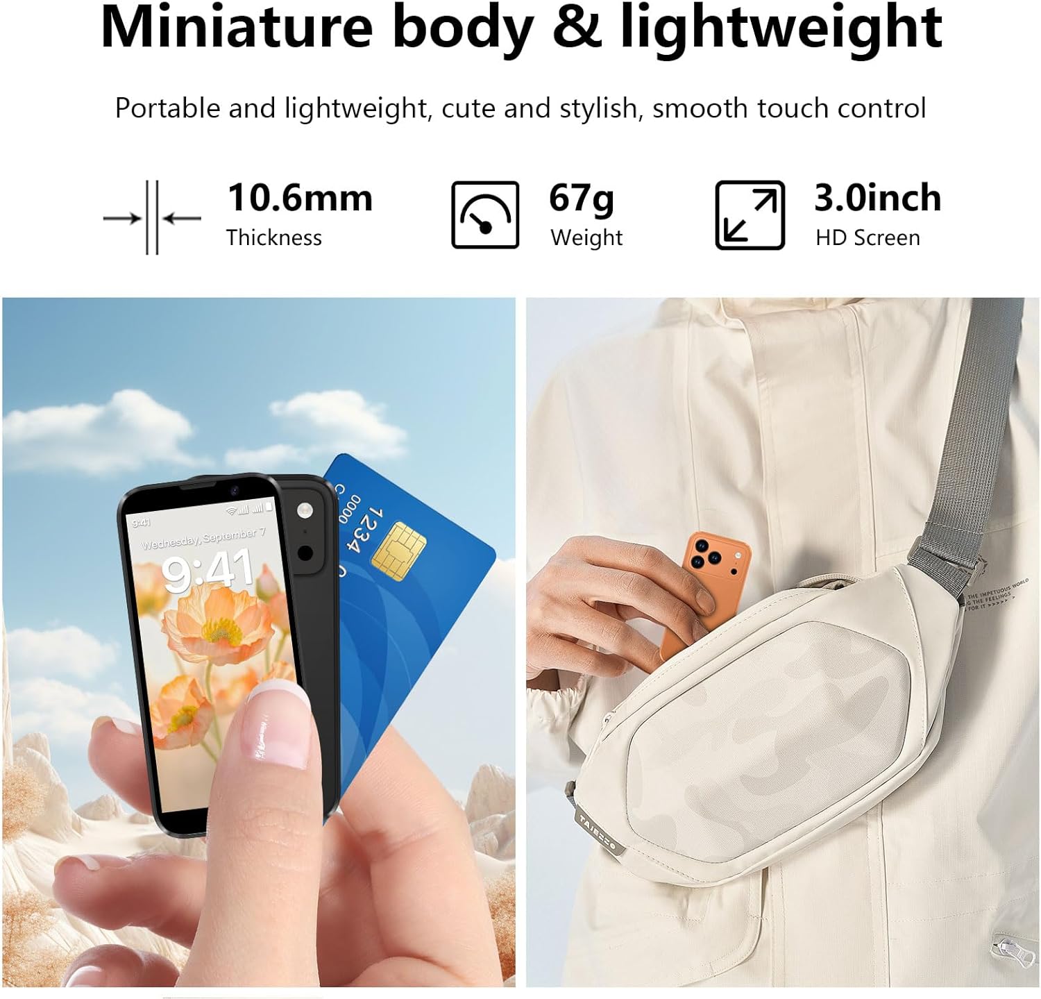 Mini Smartphone 3.0" HD Touchscreen - 3G Unlocked Android Compact Mobile Phone Gifts for Kids & Students | Smallest Cell Phone for Travel Backup & Digital Detox | WiFi, GPS, Face ID, Dual SIM