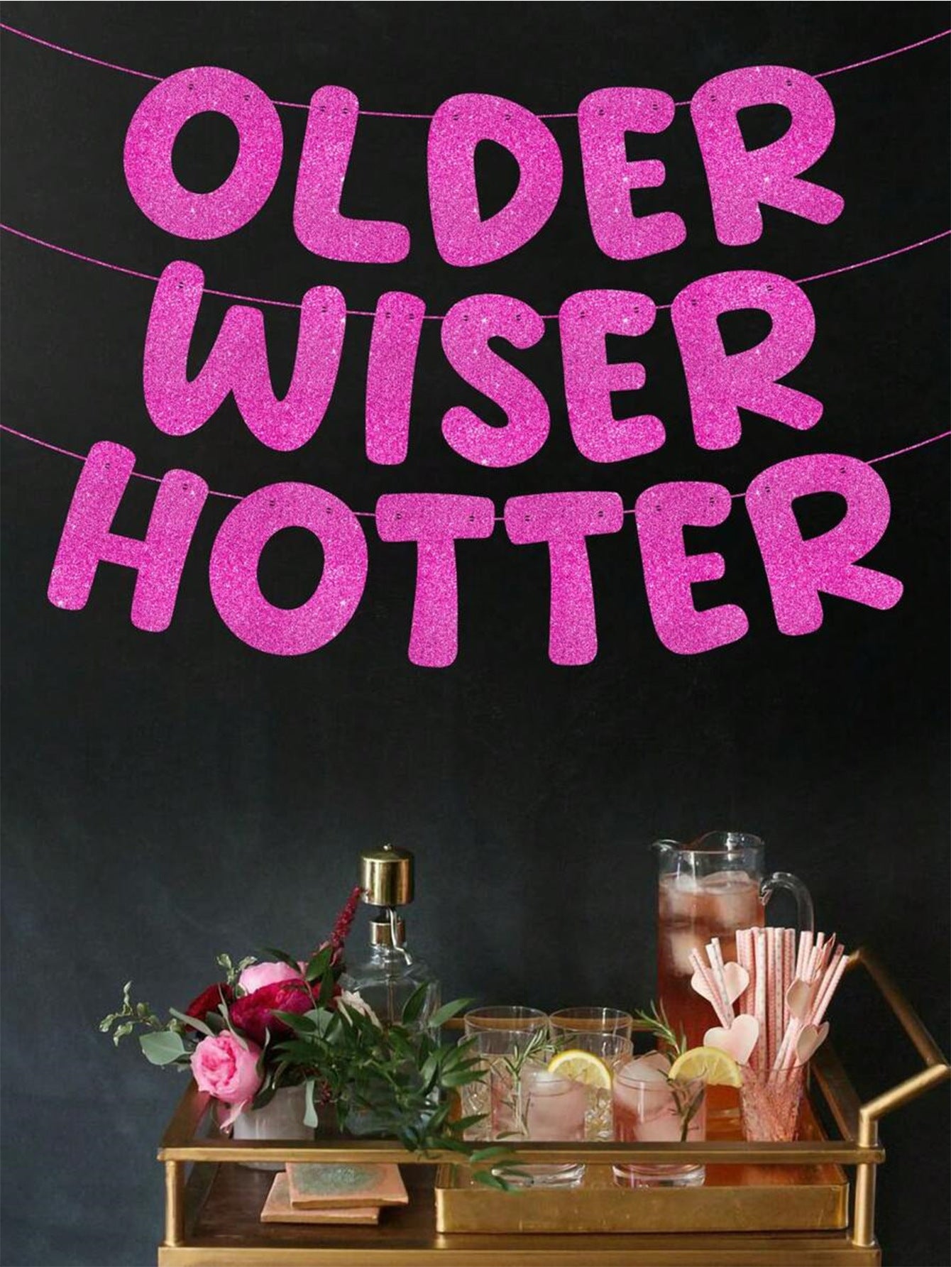 Older Wiser Hotter Pre-Strung Glitter Happy Birthday Banner Birthday Sign NO DIY