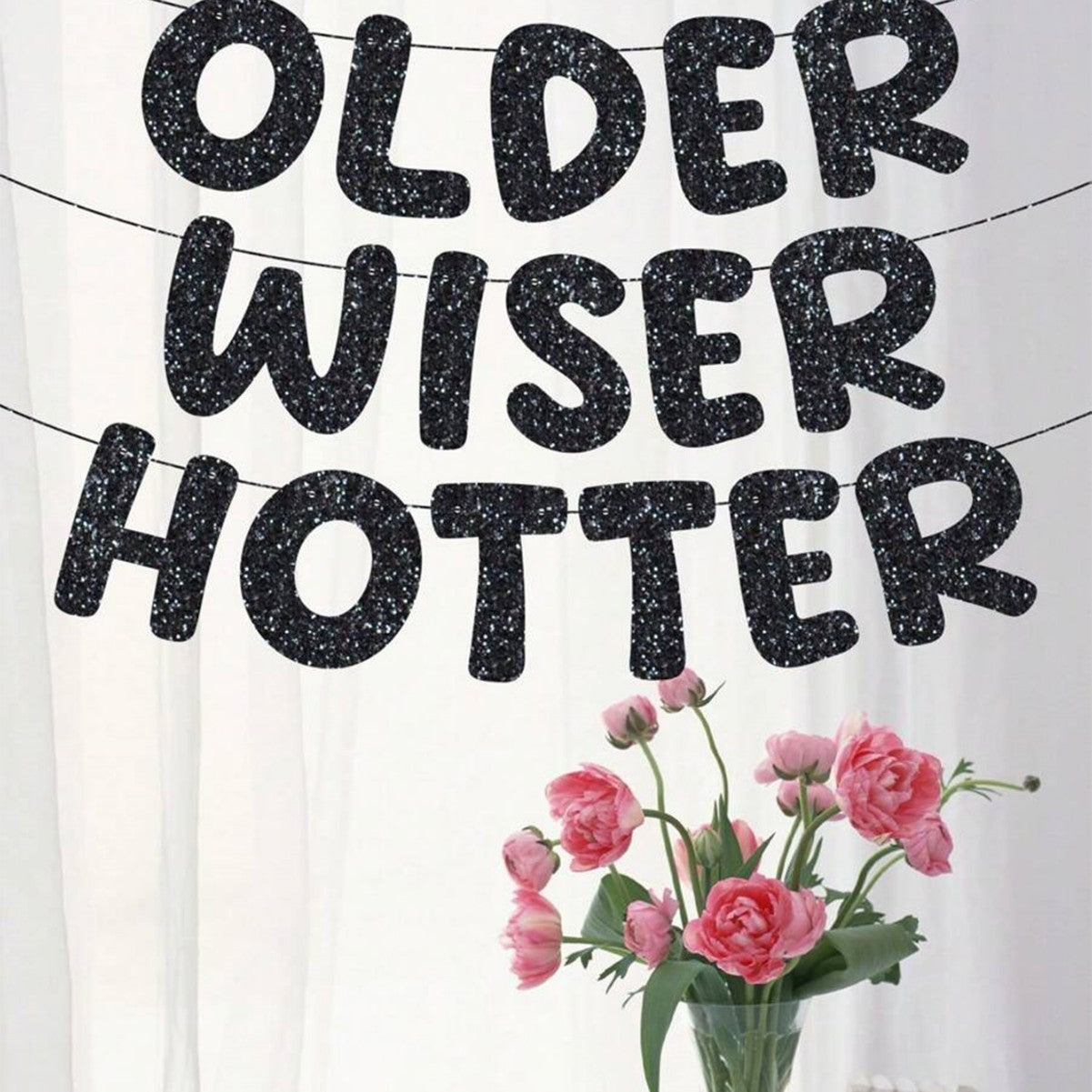 Older Wiser Hotter Pre-Strung Glitter Happy Birthday Banner Birthday Sign NO DIY