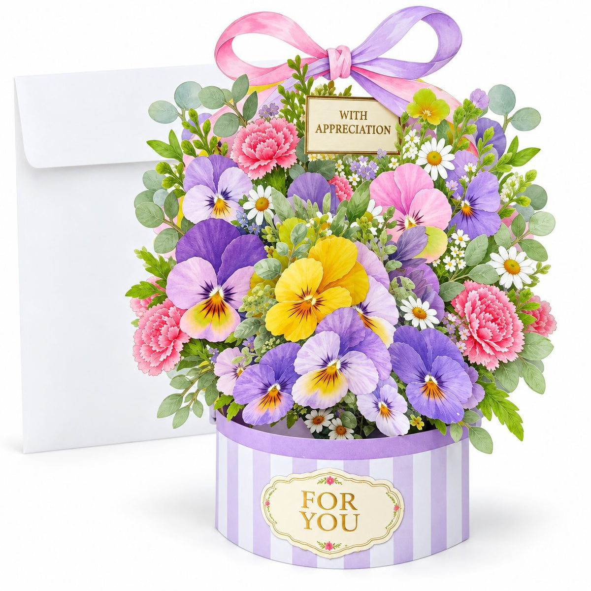 Pansy, Sunflower & Tulip Flower Basket 3D Pop-Up Greeting Card with Envelope