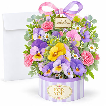 Pansy, Sunflower & Tulip Flower Basket 3D Pop-Up Greeting Card with Envelope