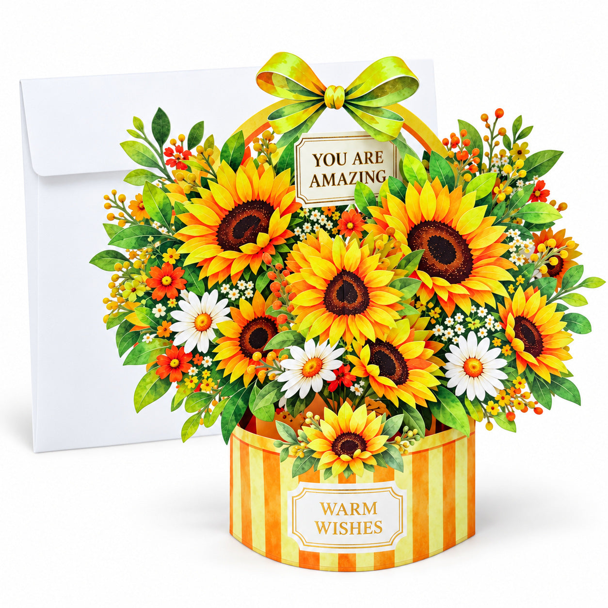 Pansy, Sunflower & Tulip Flower Basket 3D Pop-Up Greeting Card with Envelope