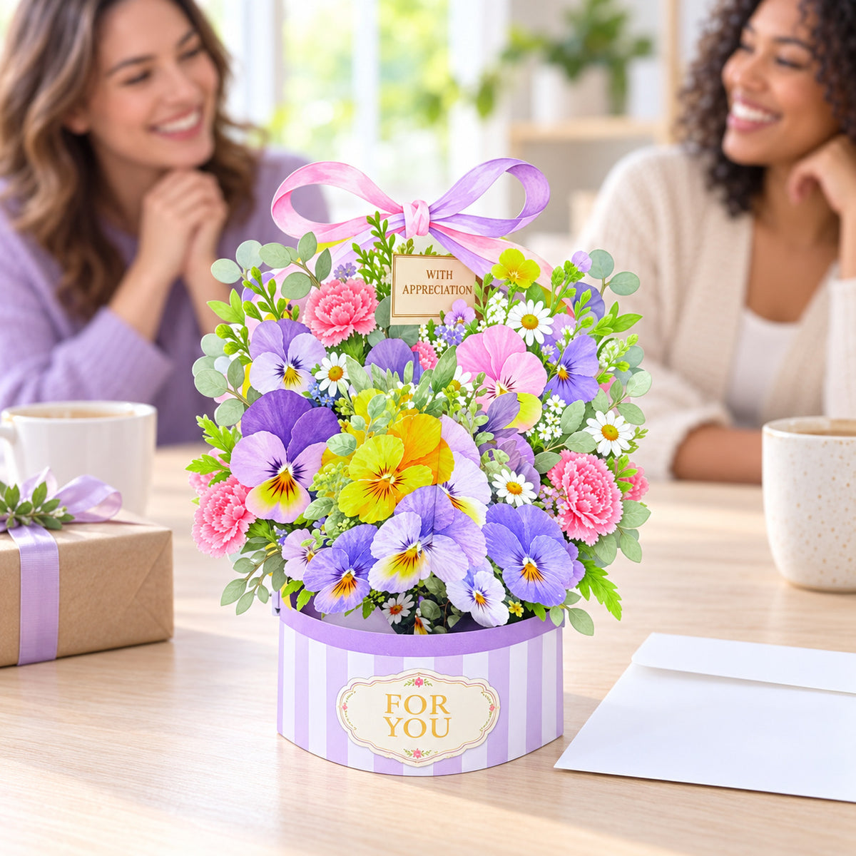Pansy, Sunflower & Tulip Flower Basket 3D Pop-Up Greeting Card with Envelope