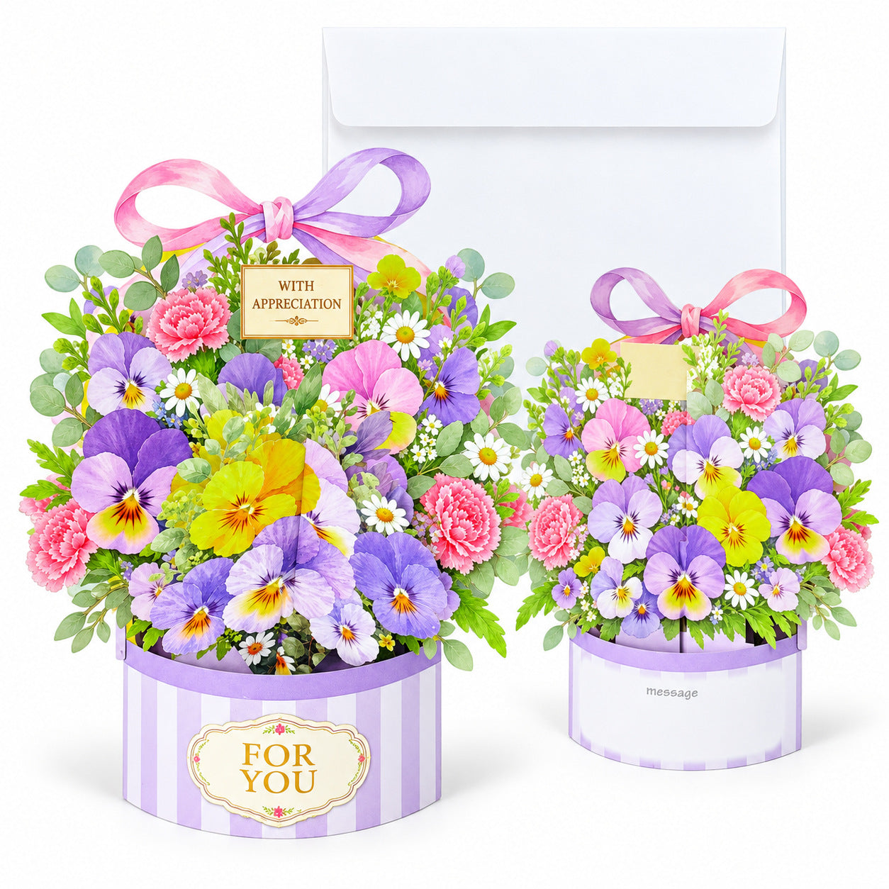 Pansy, Sunflower & Tulip Flower Basket 3D Pop-Up Greeting Card with Envelope