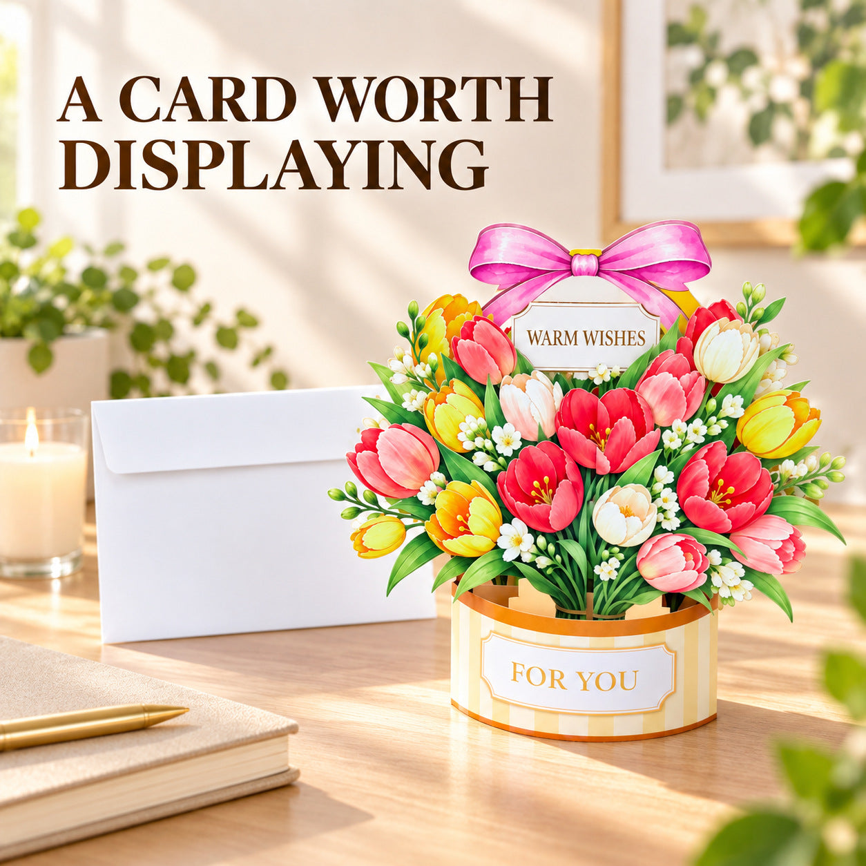 Pansy, Sunflower & Tulip Flower Basket 3D Pop-Up Greeting Card with Envelope