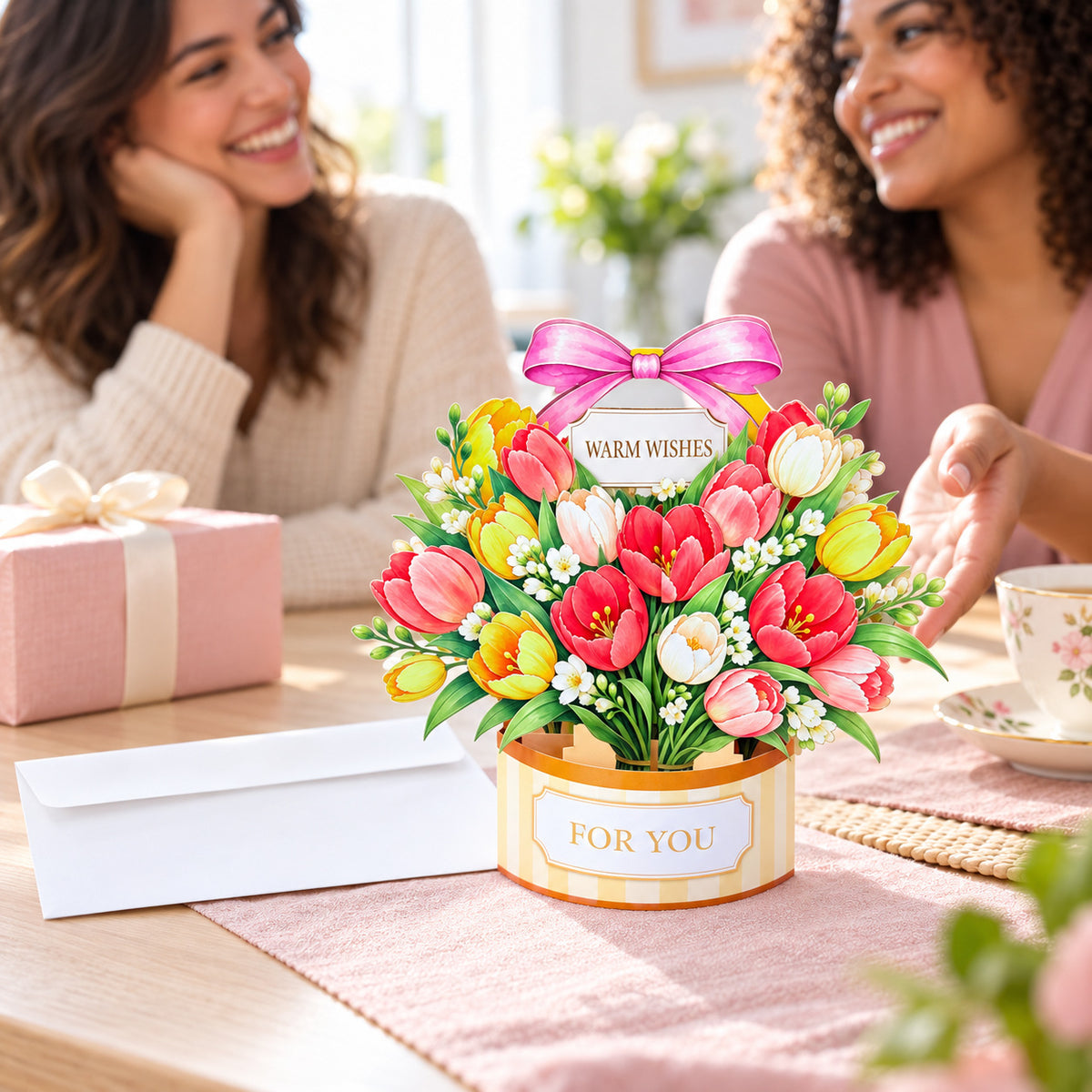 Pansy, Sunflower & Tulip Flower Basket 3D Pop-Up Greeting Card with Envelope