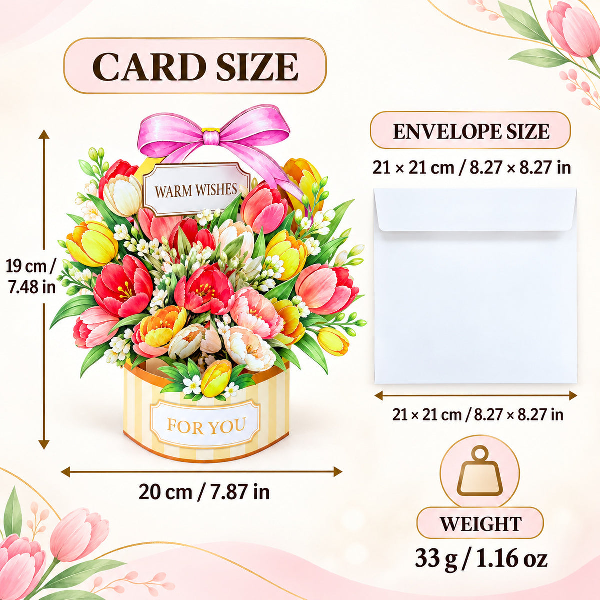 Pansy, Sunflower & Tulip Flower Basket 3D Pop-Up Greeting Card with Envelope