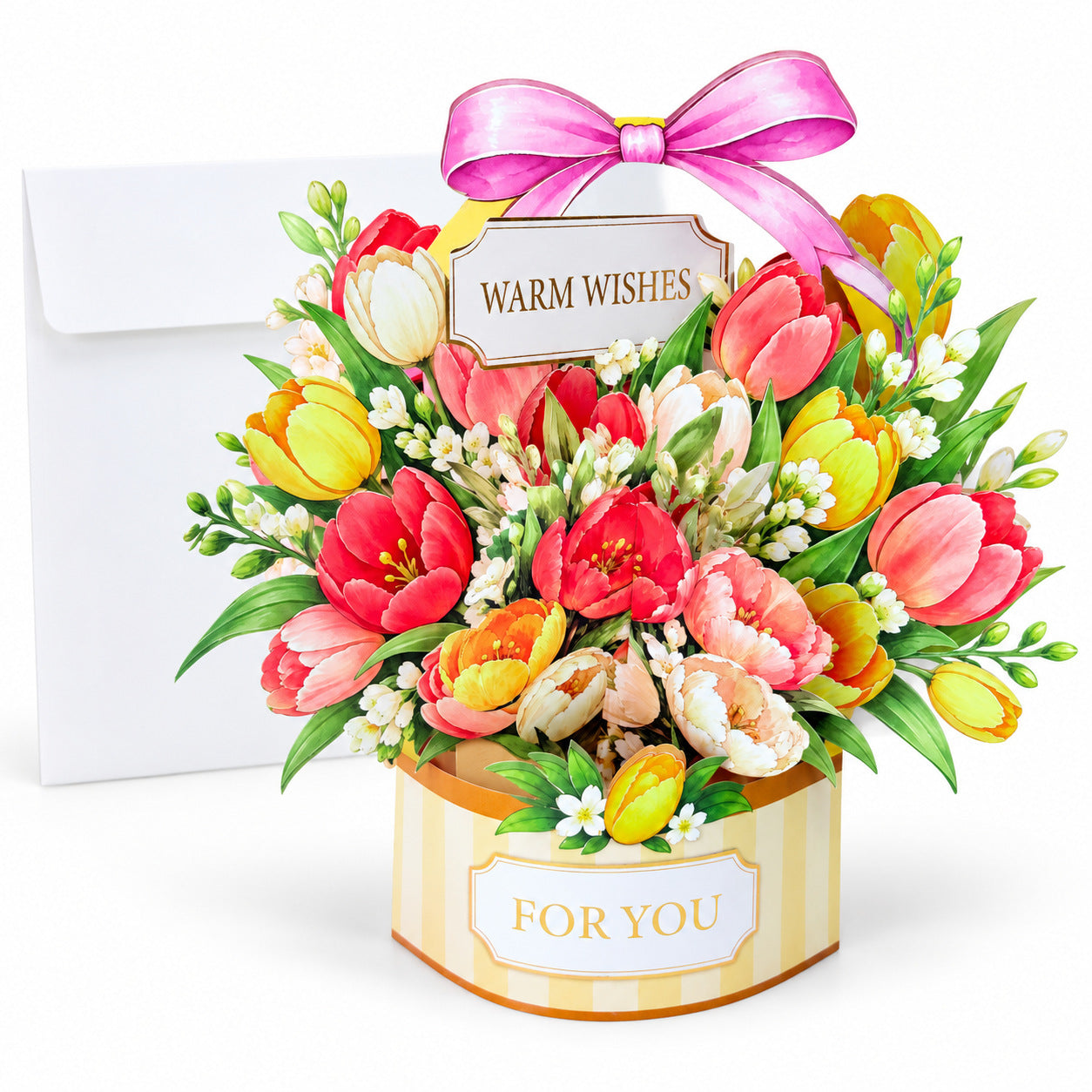 Pansy, Sunflower & Tulip Flower Basket 3D Pop-Up Greeting Card with Envelope