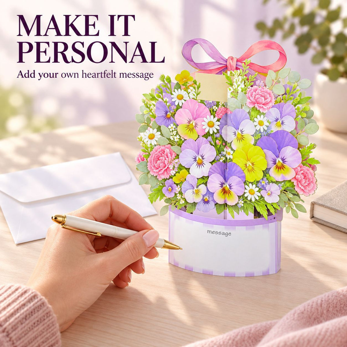 Pansy, Sunflower & Tulip Flower Basket 3D Pop-Up Greeting Card with Envelope