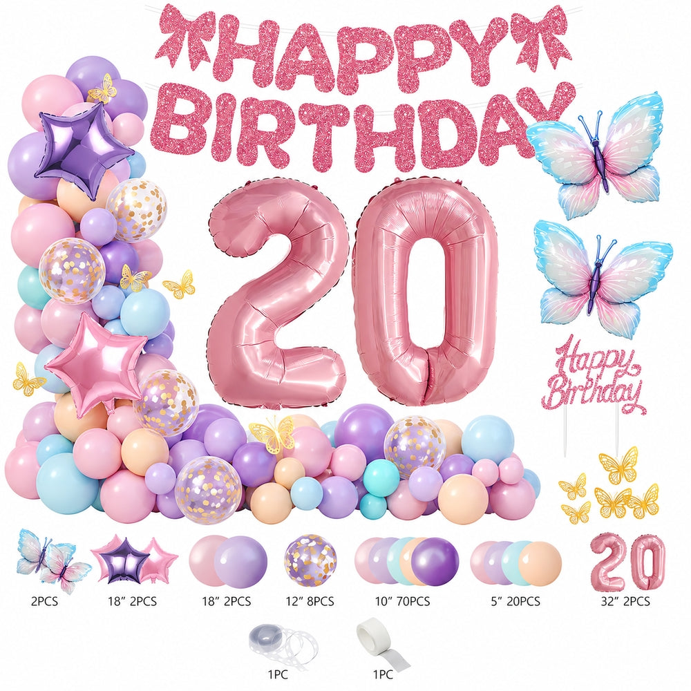 All-in-One Pink Birthday Decoration Kit with Balloon Garland, 32-Inch Number Balloons, Happy Birthday Banner & Cake Topper Party Set