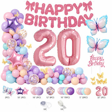 All-in-One Pink Birthday Decoration Kit with Balloon Garland, 32-Inch Number Balloons, Happy Birthday Banner & Cake Topper Party Set