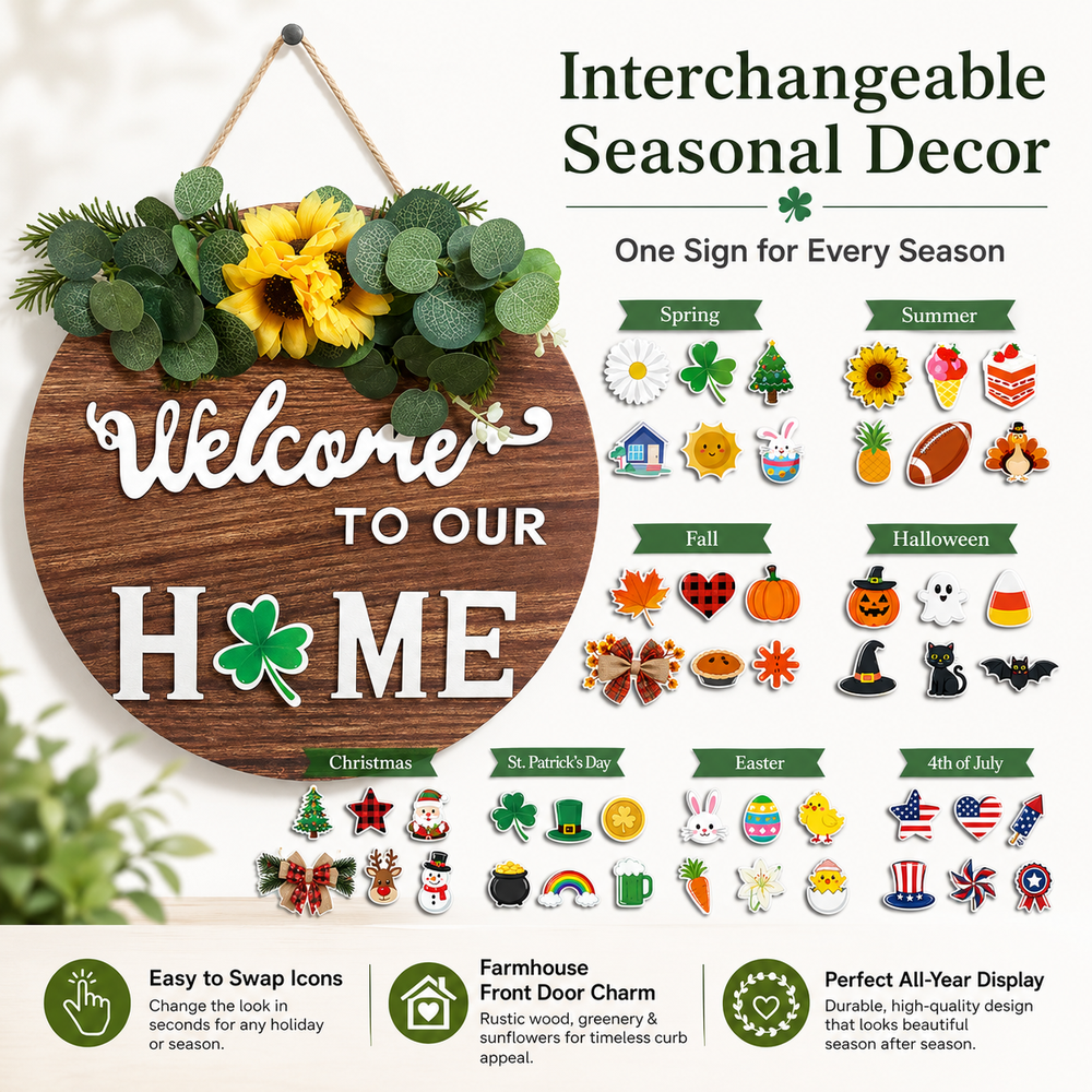 Interchangeable Seasonal Welcome Sign for Front Door, 12” Rustic Farmhouse Wreath Wall Decor, Housewarming Gift for New Home