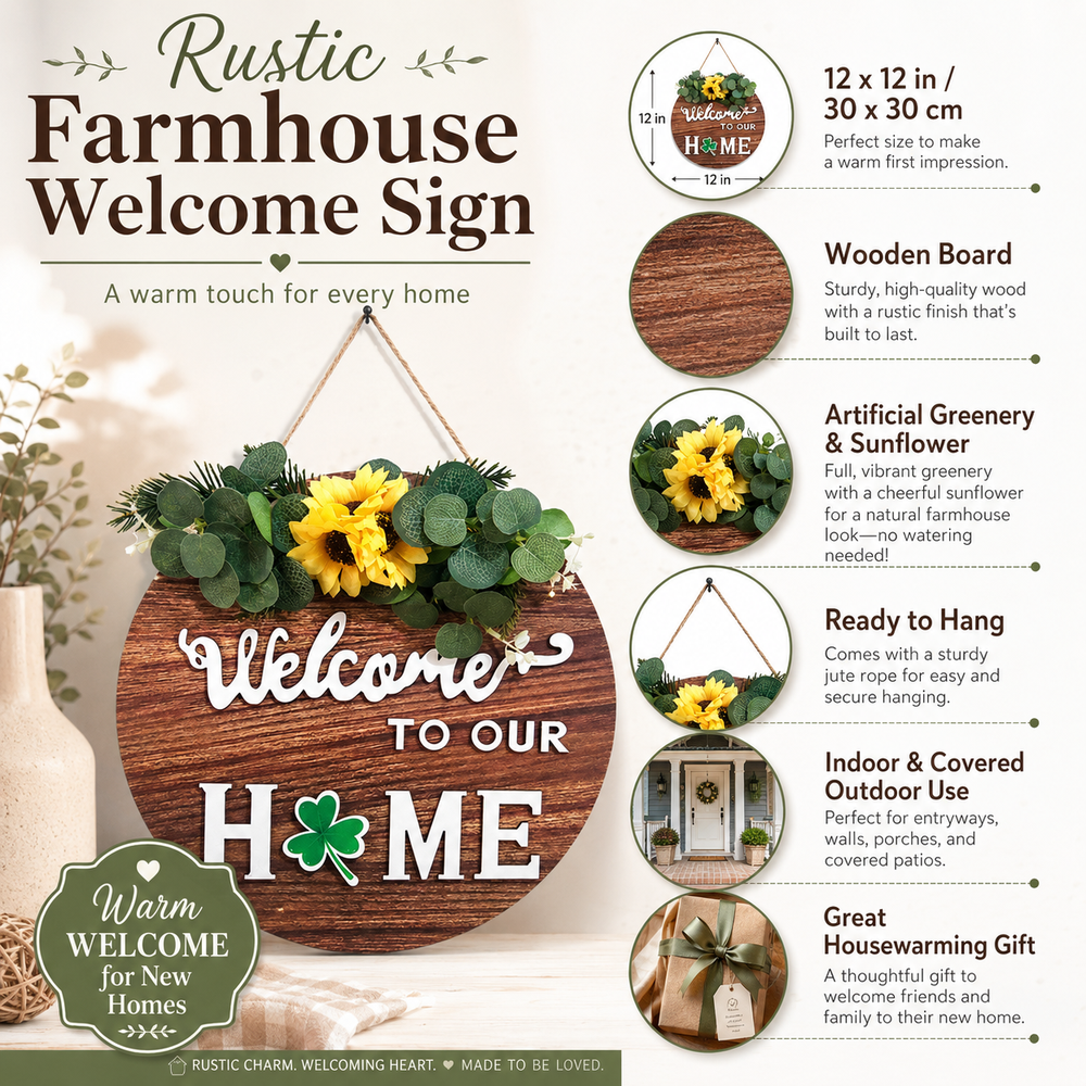 Interchangeable Seasonal Welcome Sign for Front Door, 12” Rustic Farmhouse Wreath Wall Decor, Housewarming Gift for New Home