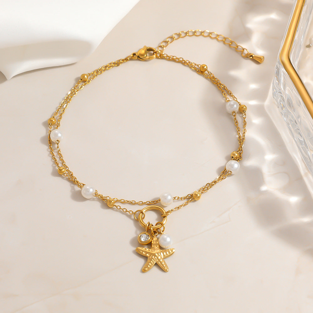 Stainless Steel Anklet Gifts With, 18k Gold Plated Starfish, Seashell, Pearl Double-Layered