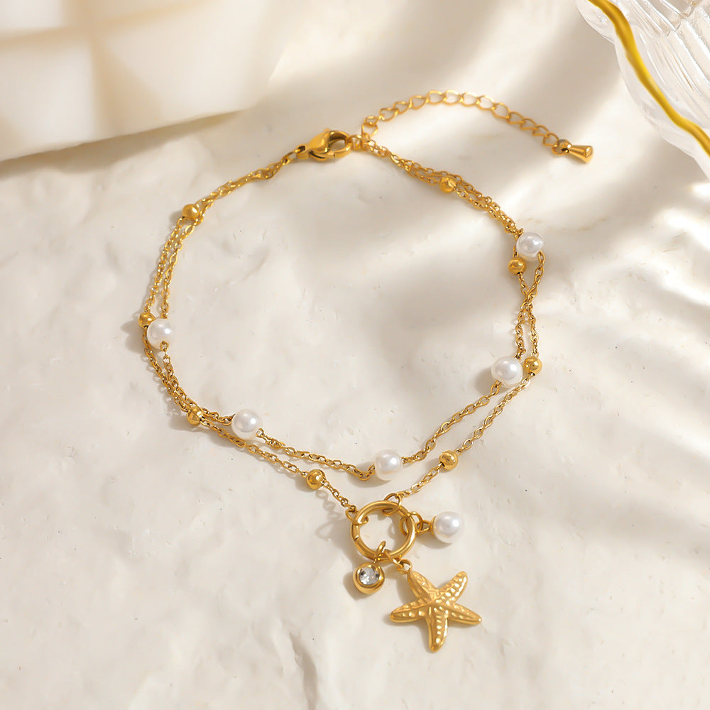Stainless Steel Anklet Gifts With, 18k Gold Plated Starfish, Seashell, Pearl Double-Layered