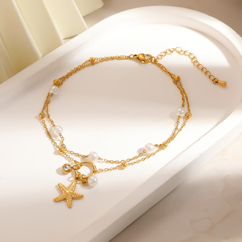 Stainless Steel Anklet Gifts With, 18k Gold Plated Starfish, Seashell, Pearl Double-Layered