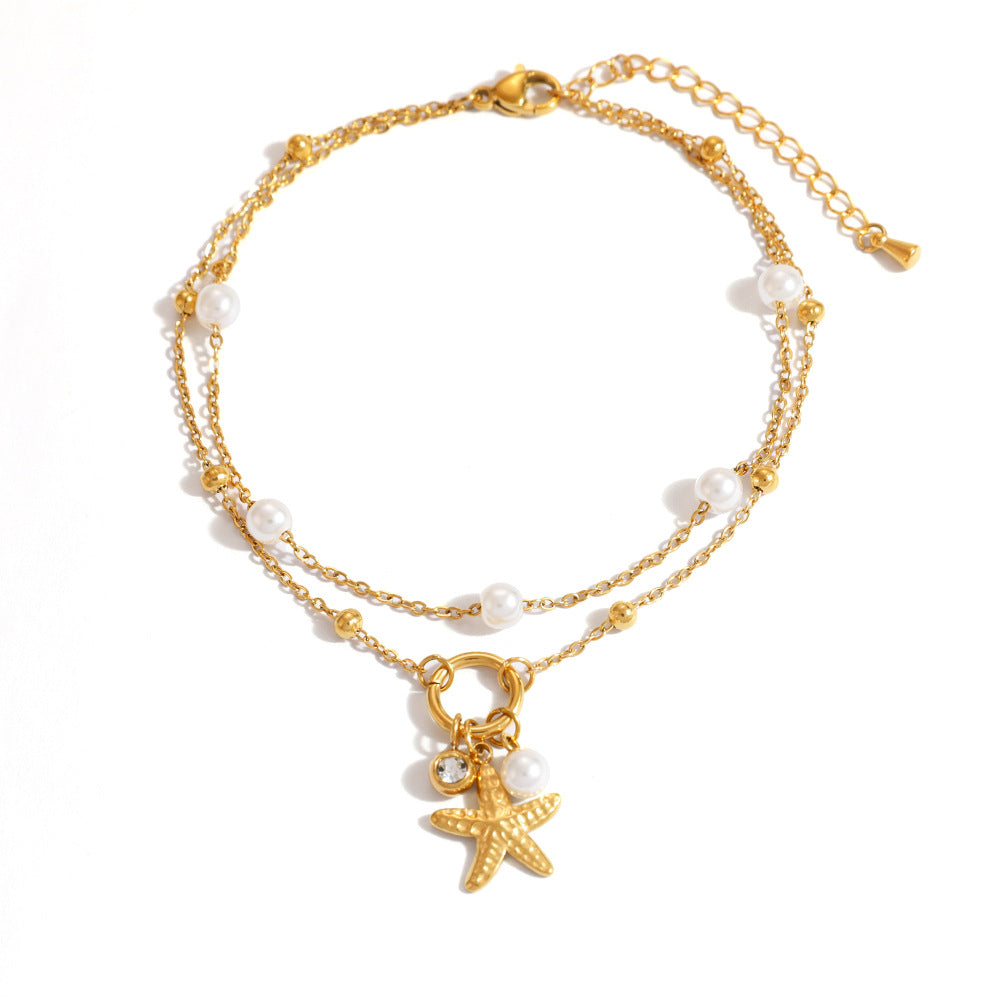 Stainless Steel Anklet Gifts With, 18k Gold Plated Starfish, Seashell, Pearl Double-Layered