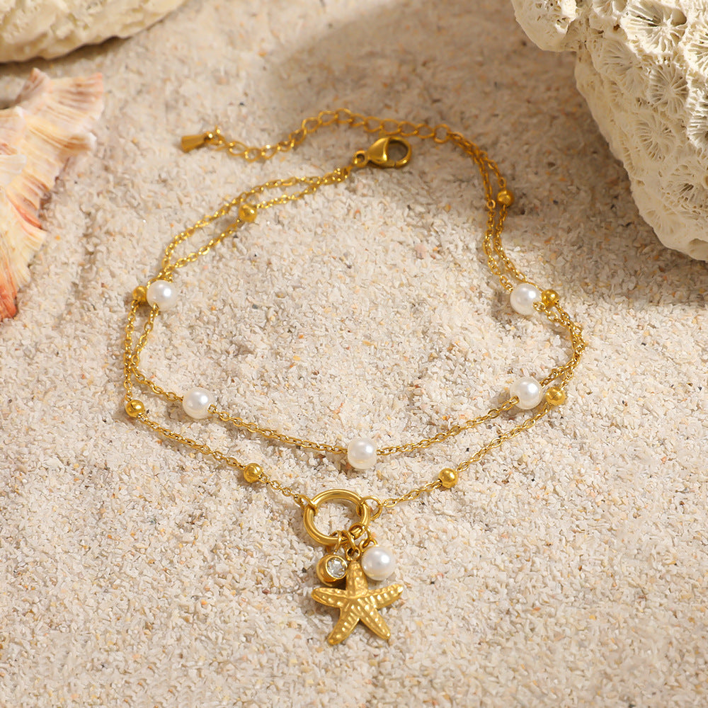 Stainless Steel Anklet Gifts With, 18k Gold Plated Starfish, Seashell, Pearl Double-Layered