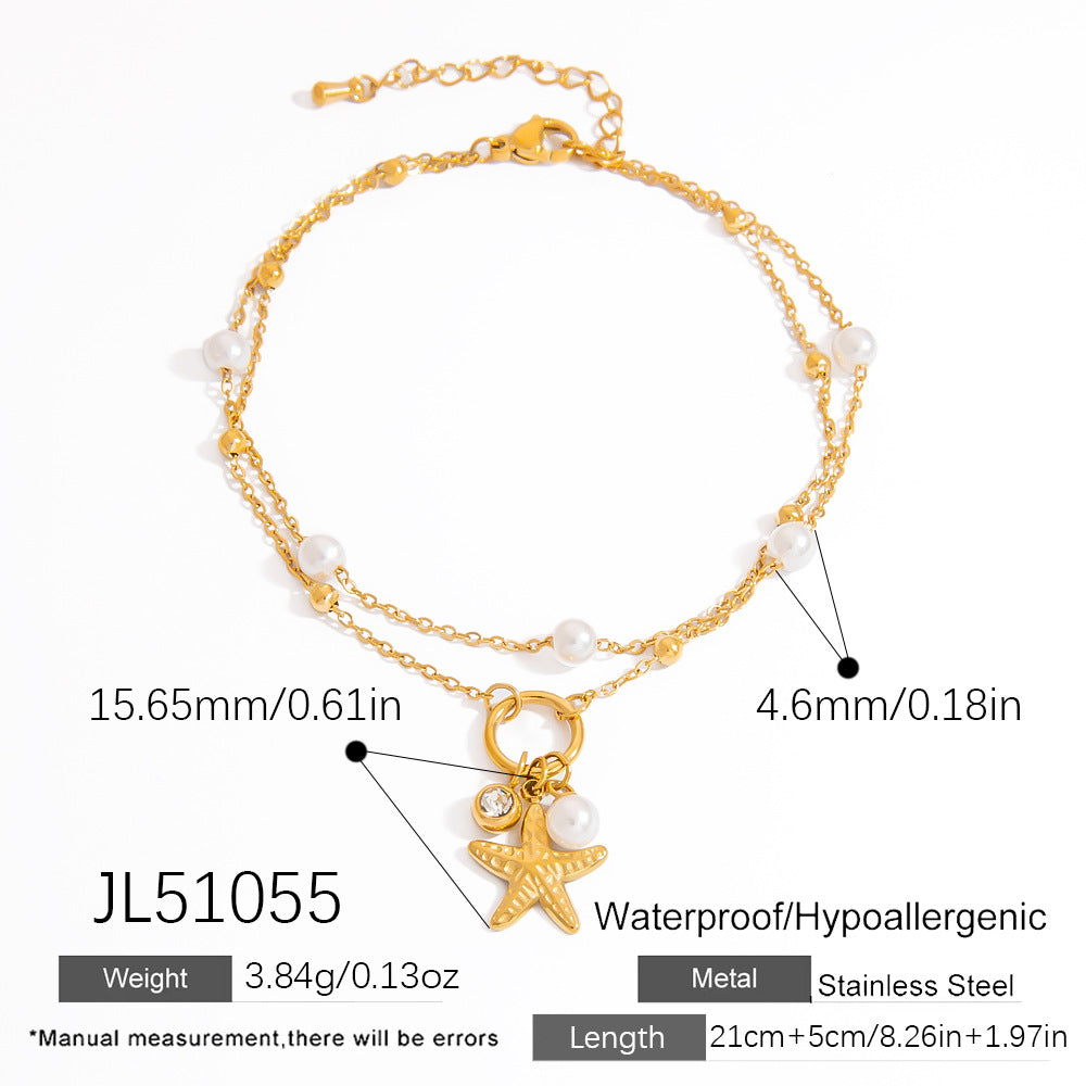 Stainless Steel Anklet Gifts With, 18k Gold Plated Starfish, Seashell, Pearl Double-Layered