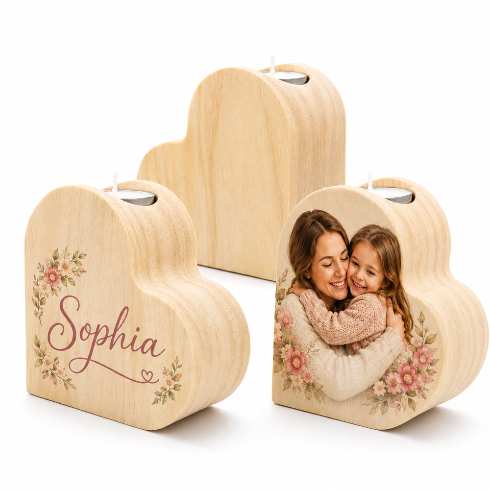 Personalized Name/Photo Custom Wooden Heart Tea Light Candle Holder – Sublimation Gift Keepsake