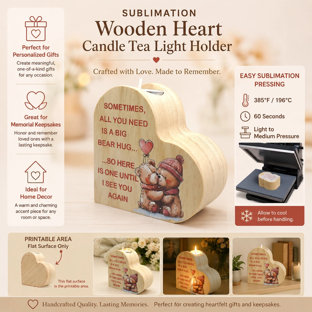 Personalized Name/Photo Custom Wooden Heart Tea Light Candle Holder – Sublimation Gift Keepsake