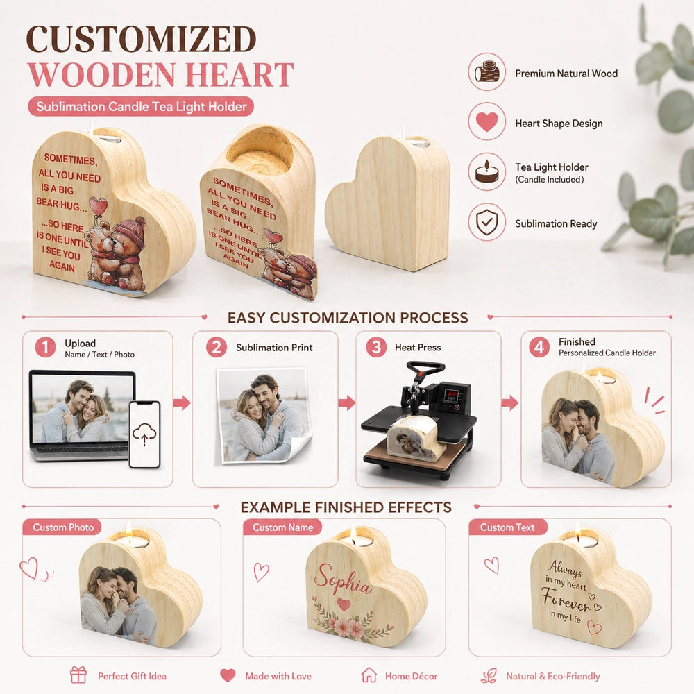 Personalized Name/Photo Custom Wooden Heart Tea Light Candle Holder – Sublimation Gift Keepsake